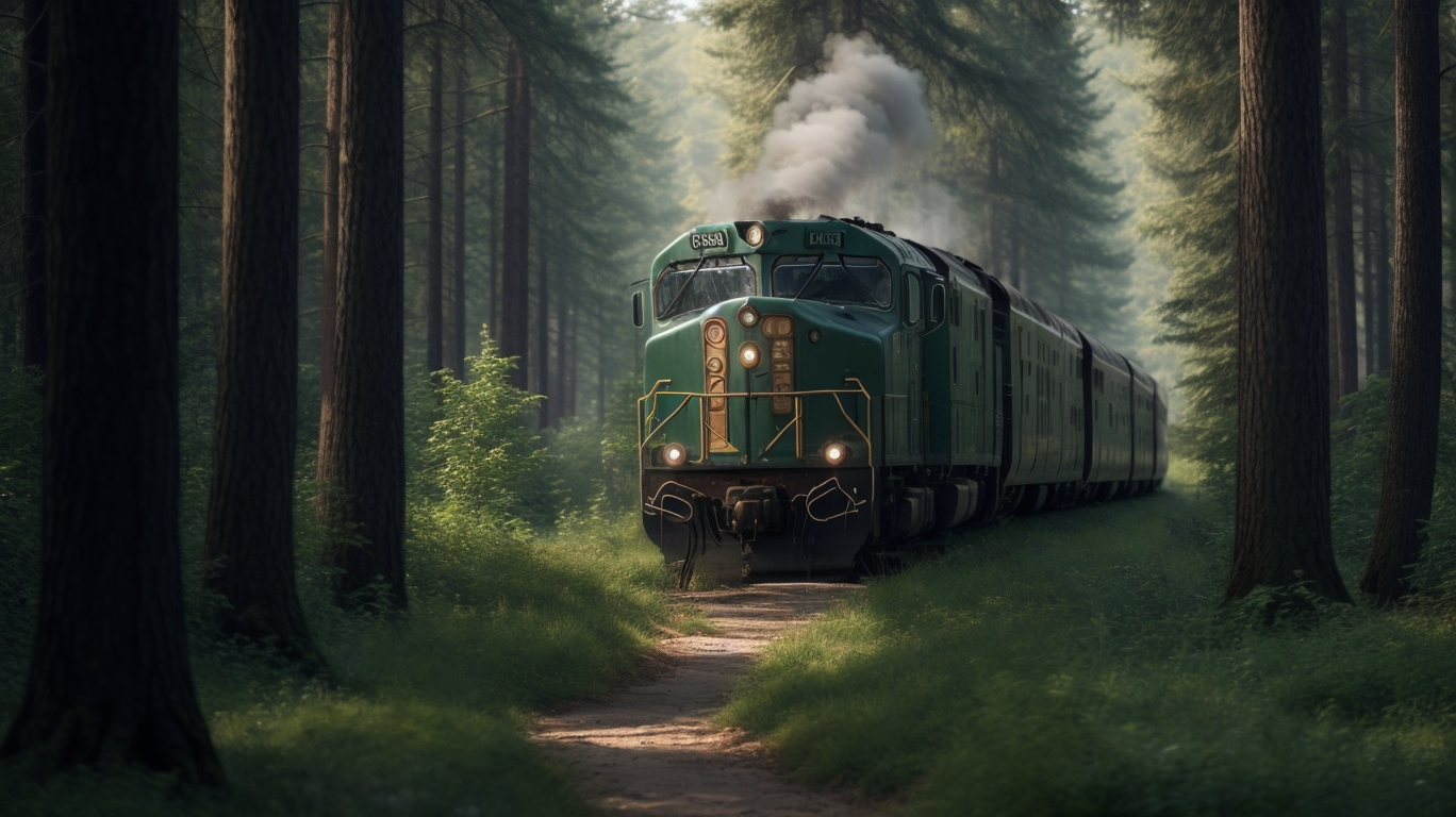 A green steam train traveling on a path in the forest