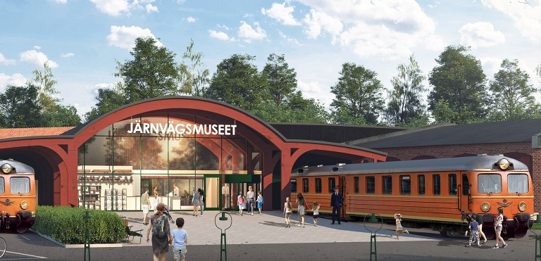 Illustration av motorvagnståget X5 vid nya entrén till Järnvägsmuseet.