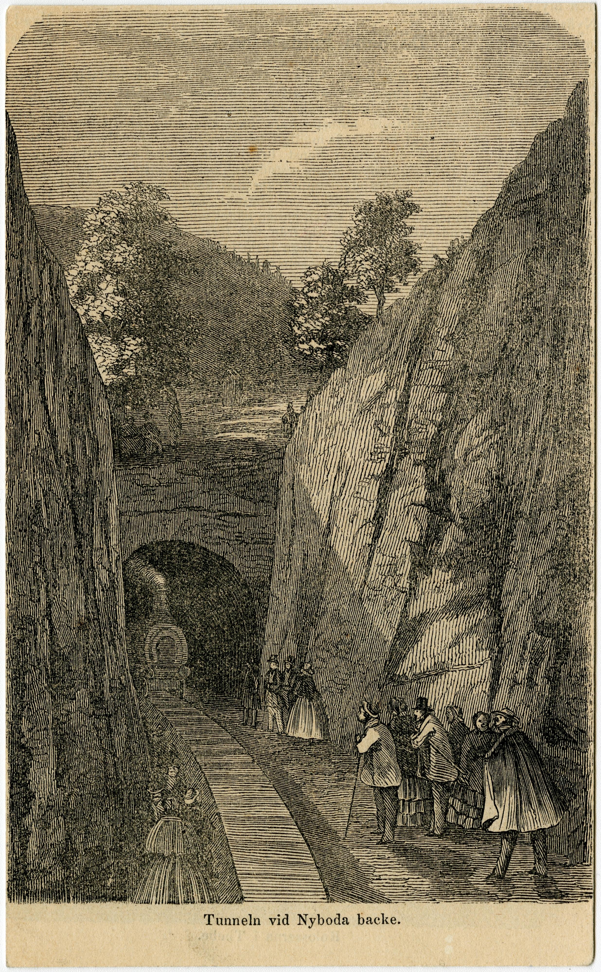 A sketch of a carved mountain landscape that leads into a railway tunnel.