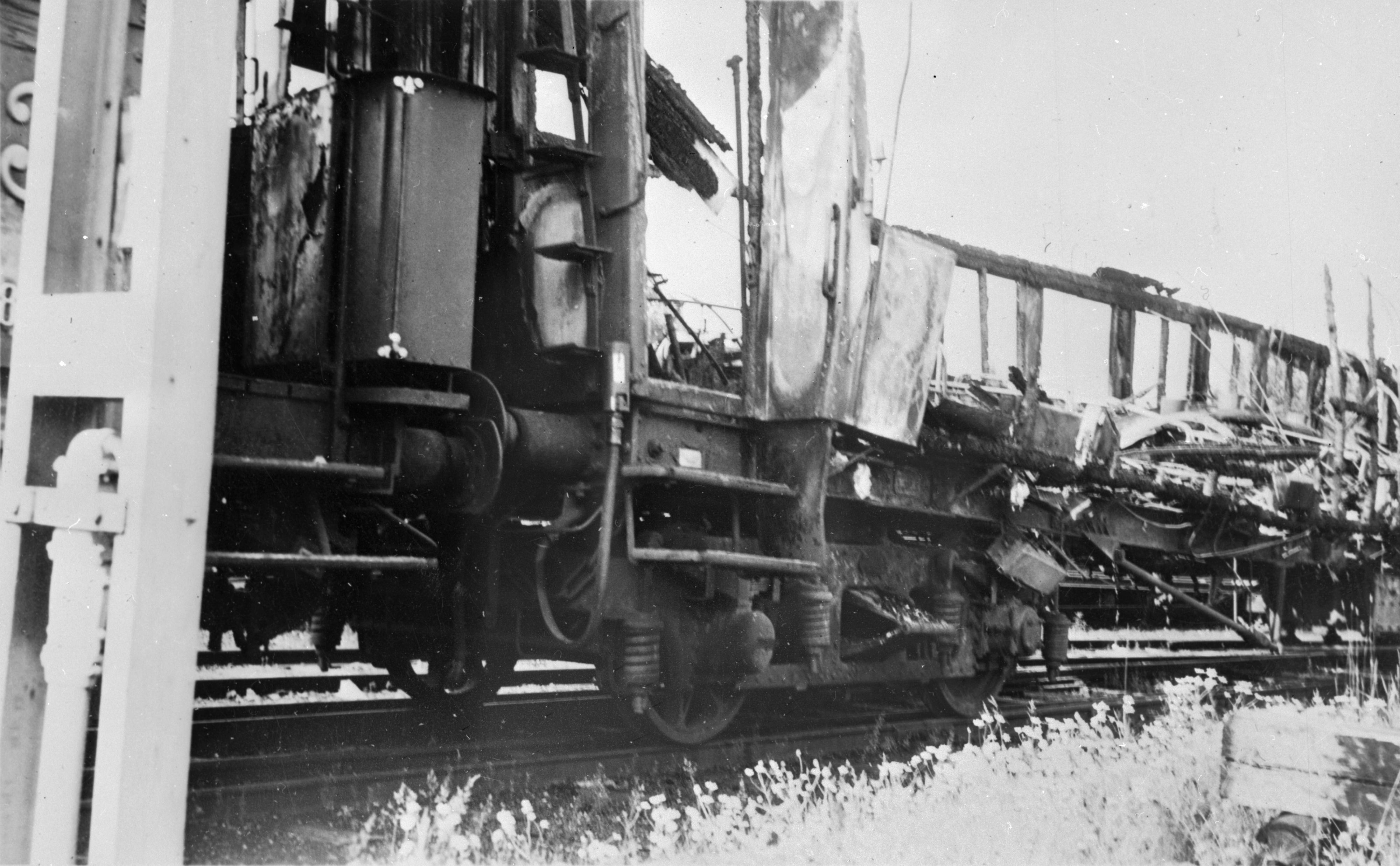 A demolished train carriage after fire and explosions in the yard at Krylbo railway station.