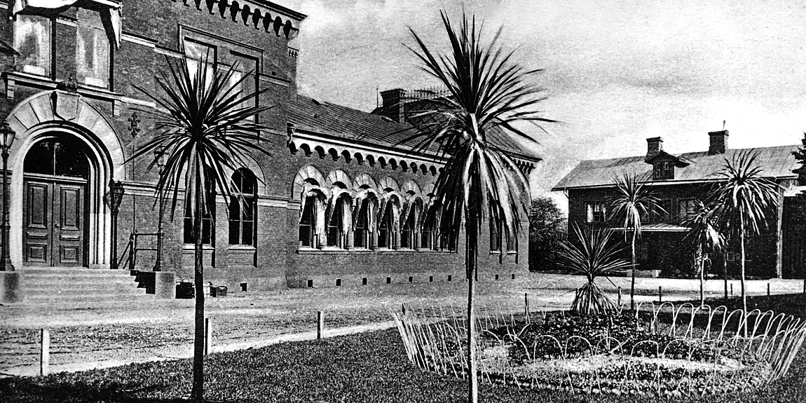 Framsida av stor byggnad med gräsmatta och flertalet palmer som växer.