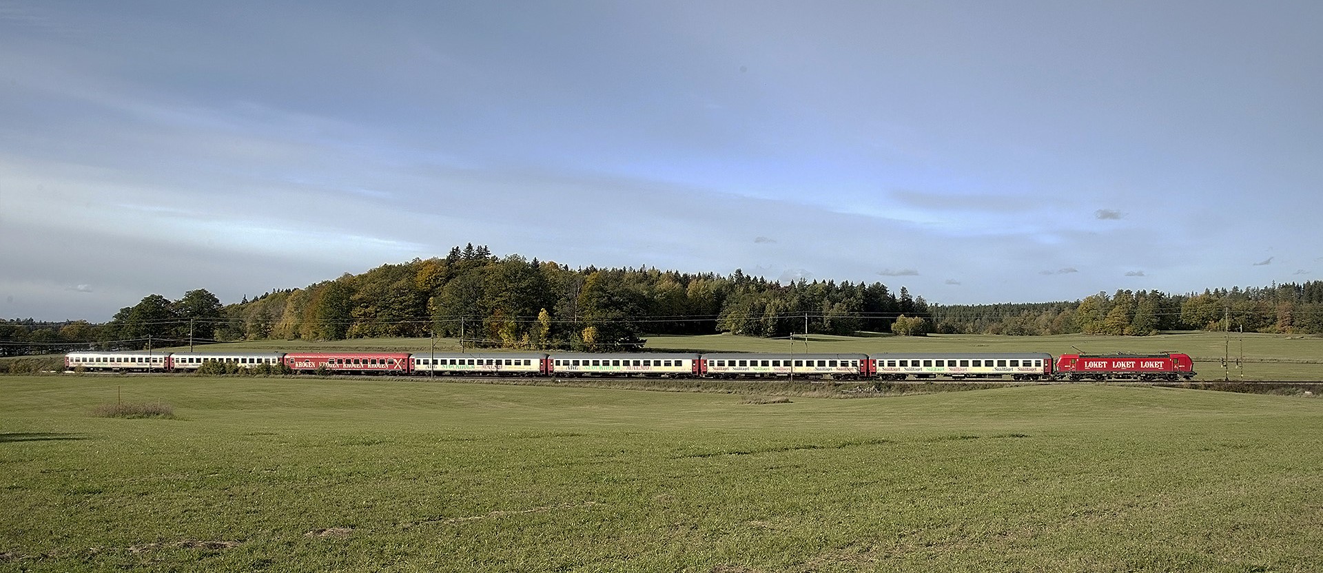 På håll kommer Snälltåget på ett spår som går genom en åker med grön växtlighet, i bakgrunden syns flera gröna träd.