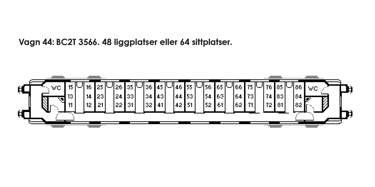 Skiss av tågvagn med sitt- och liggplatser