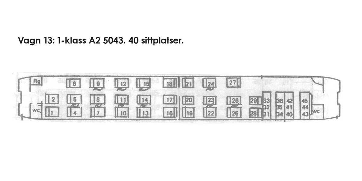 Skiss över en tågvagn med sittplatser utmarkerade.